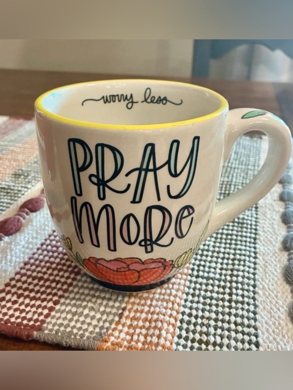 Ceramic 'Pray More' Mug with Yellow Rim and Floral Accent